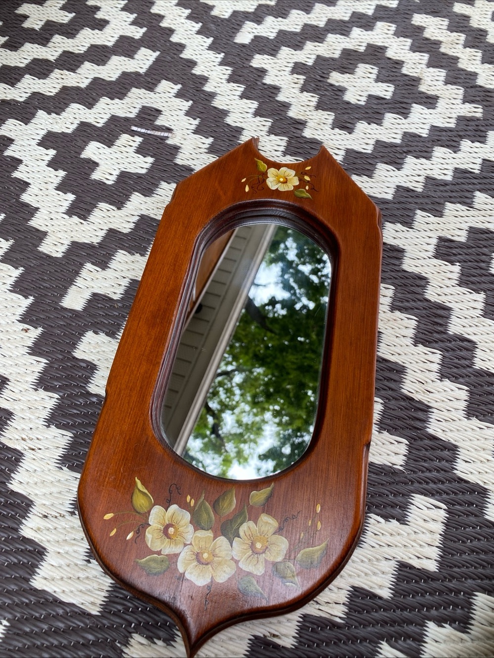 Hand-Painted Brown Floral Wall Mirror - Decorative Accent